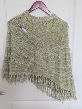 naartjie Green Knit Poncho with Fringe and Bear Patch